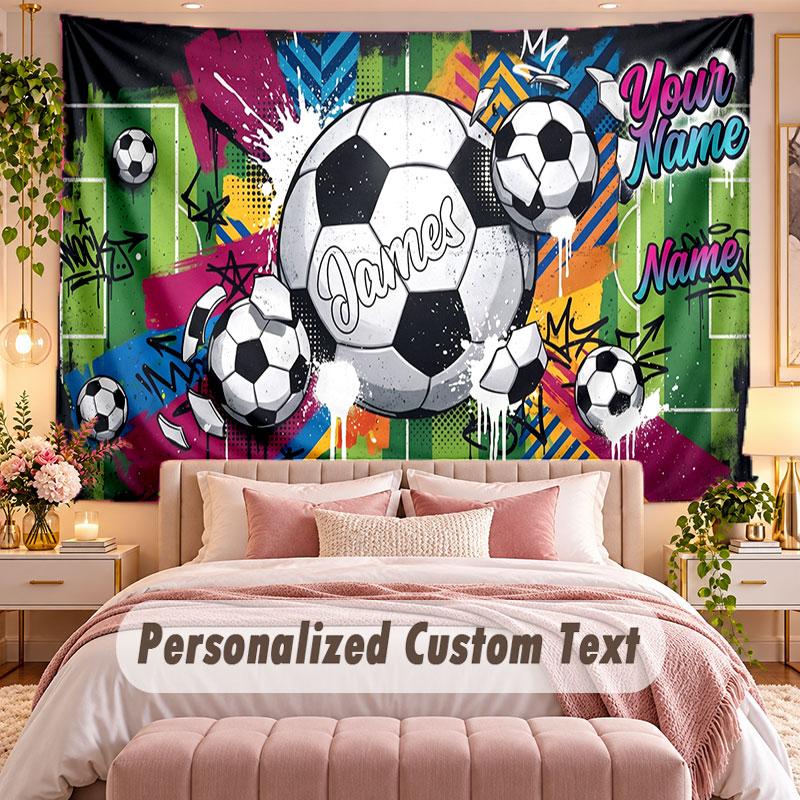 Soccer (360) Theme Wall Tapestry Customized With Name Text Personalized Hanging Tapestry For Bedroom Living Room Decor