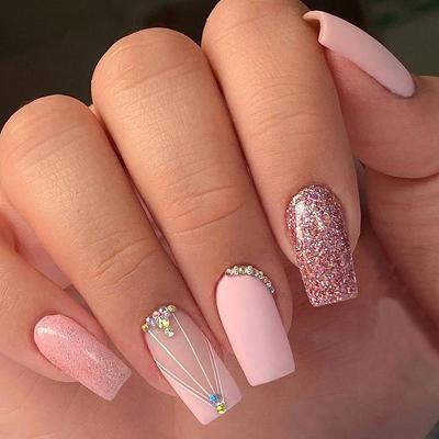 24PCS Pink Diamond French Square Press On Nails Ins Style with Line Design False Nails Simple Elegant Sweet Manicure for Daily