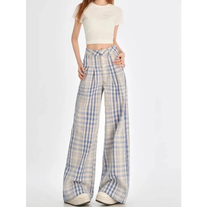 

Light Blue Plaid Wide-Leg High Waist Button-Up Slimming Pants - Women’s Spring/Summer Floor-Length Casual Design XL светло-синий
