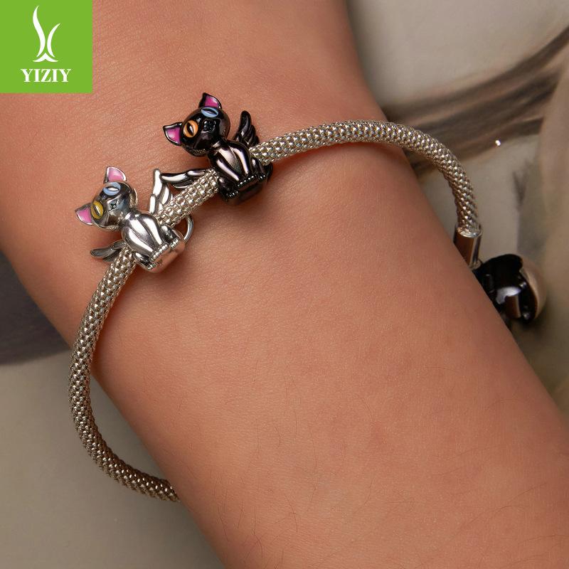 Electroplated Black Gold Animal Cat Diy Bracelet Beaded Accessories Personalized 925 Silver Beads