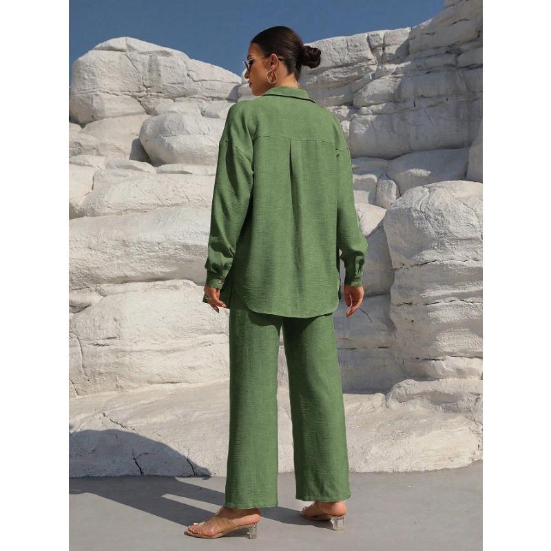 Women's Fashion Solid Color Collar Button Long Sleeve Top Elastic Waist Straight Pants Casual Set