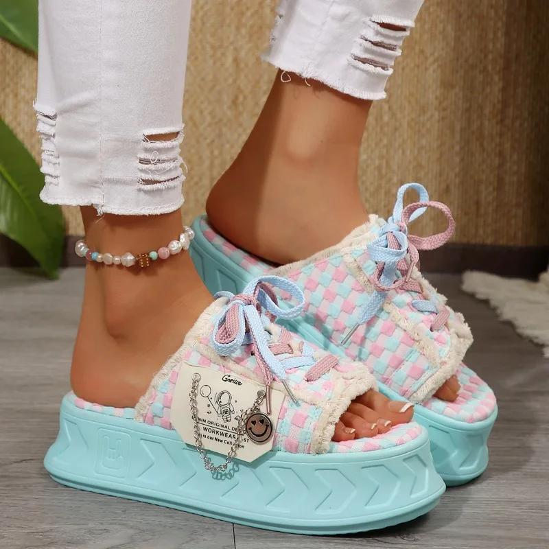 New Plus Size Platform Slippers 2024 Hot Ladies Shoes Peep Toe Women's Slippers Fashion Round Toe Lacing Casual Slippers Women