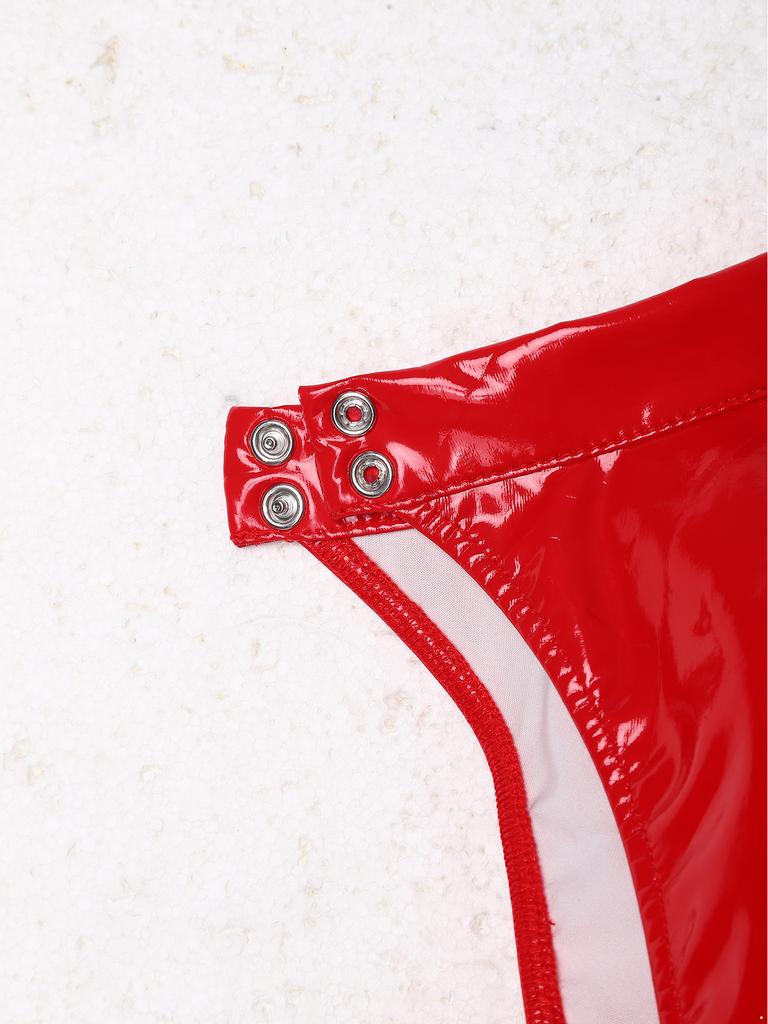 Womens Glossy Pu Leather Bodysuit Mock Neck Metal D Ring Open Front Backless High Cut Leotard