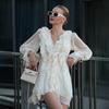 Chiffon Long-sleeved Dress European and American Spring New Lantern Sleeve Lace-up Short Skirt Ruffle Leaf Edge Dress