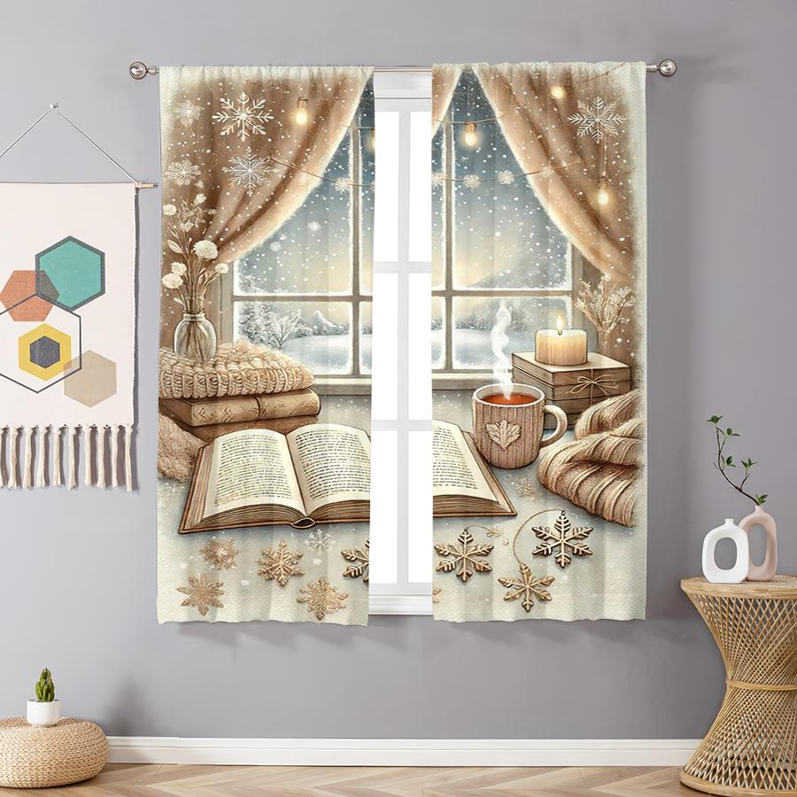 2PCS Digital Print Curtains, Cozy Window Coffee Cup Christmas Pattern, Warm Hygge Style for Xmas Holiday Season Home Decor