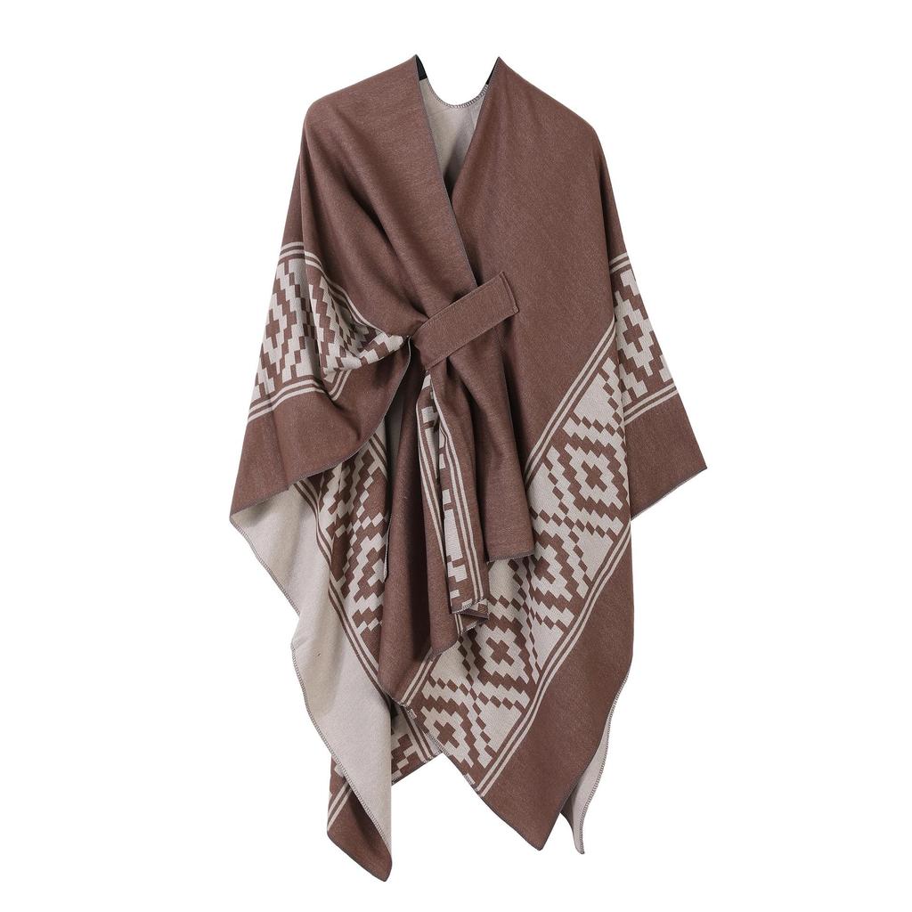 Women's European & American Double-Sided Solid Color Cape Shawl with Striped Edge