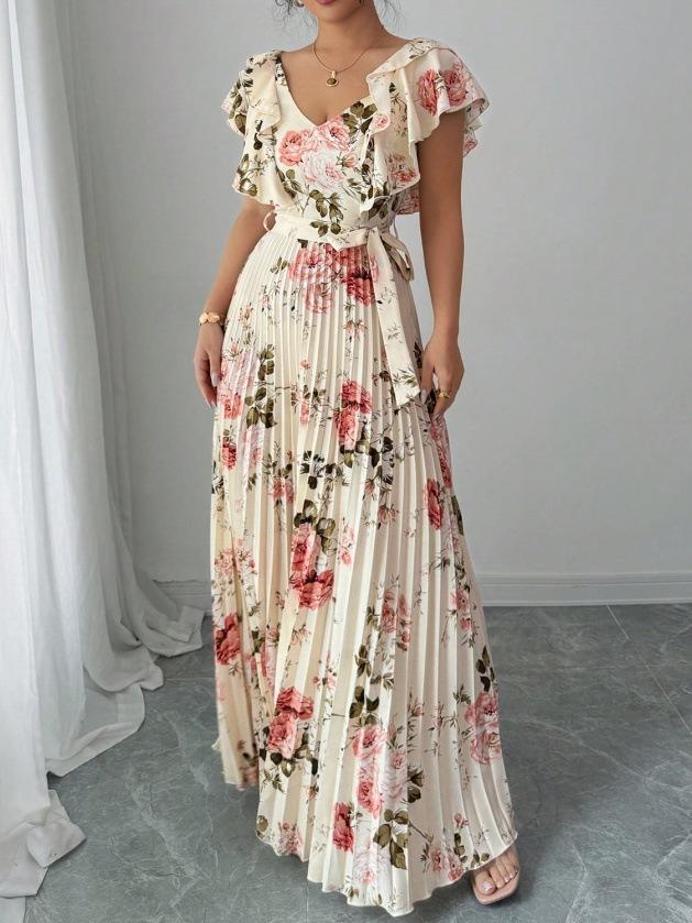 Europe and the United States hot summer women's digital printing pleated holiday wind lotus leaf edge waist elegant romantic women's dress