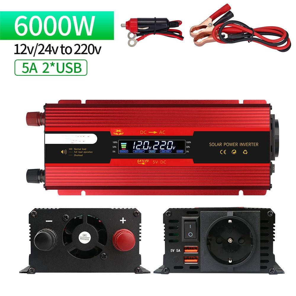 1000W/3000W/4000W/6000W Household Digital Display Voltage Transformer Intelligent Portable Car Inverter Solar Sine Wave Power Converter