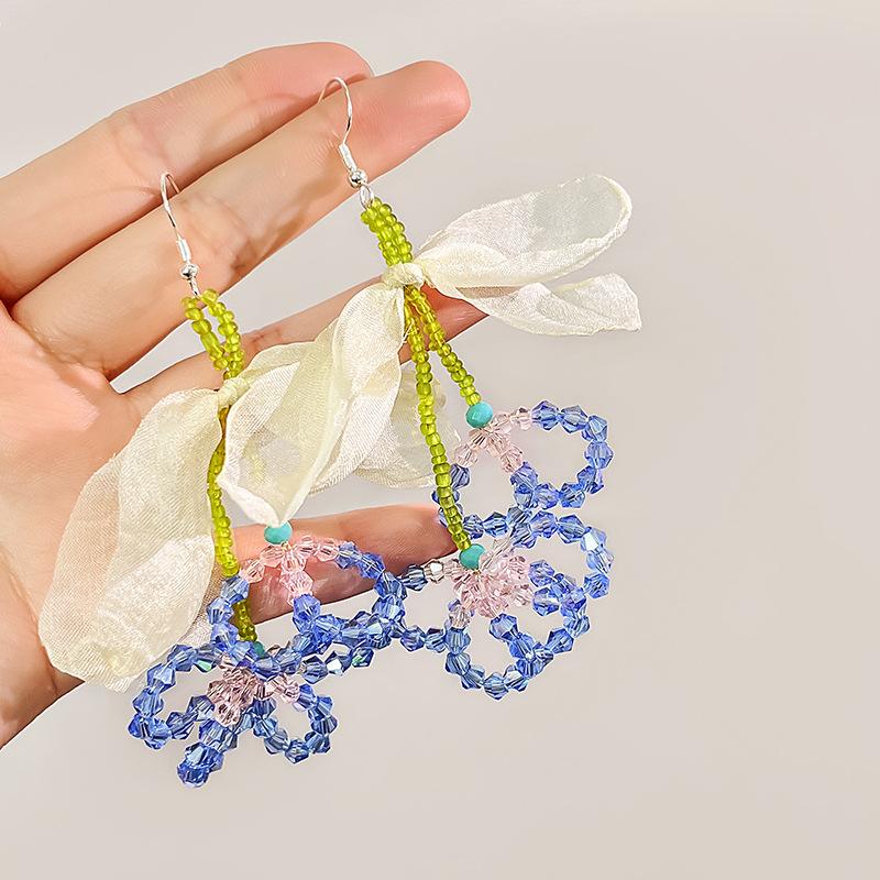 Summer Small Fresh Fabric Leaf Ear Hook, Sweet Little Fragrant Wind Earrings Crystal Fringed Lily Of The Valley Earrings