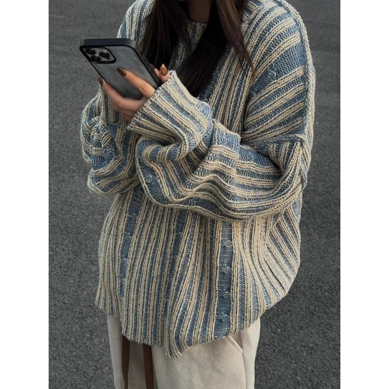 Womens Striped Sweater Vintage Loose Fit Crewneck Long Sleeve Casual Knitwear