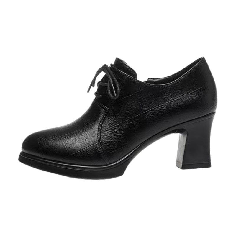 2025 new lace-up women's shoes medium heel single shoes non-slip thick heel fashion spring and autumn mother shoes women's British small leather shoes