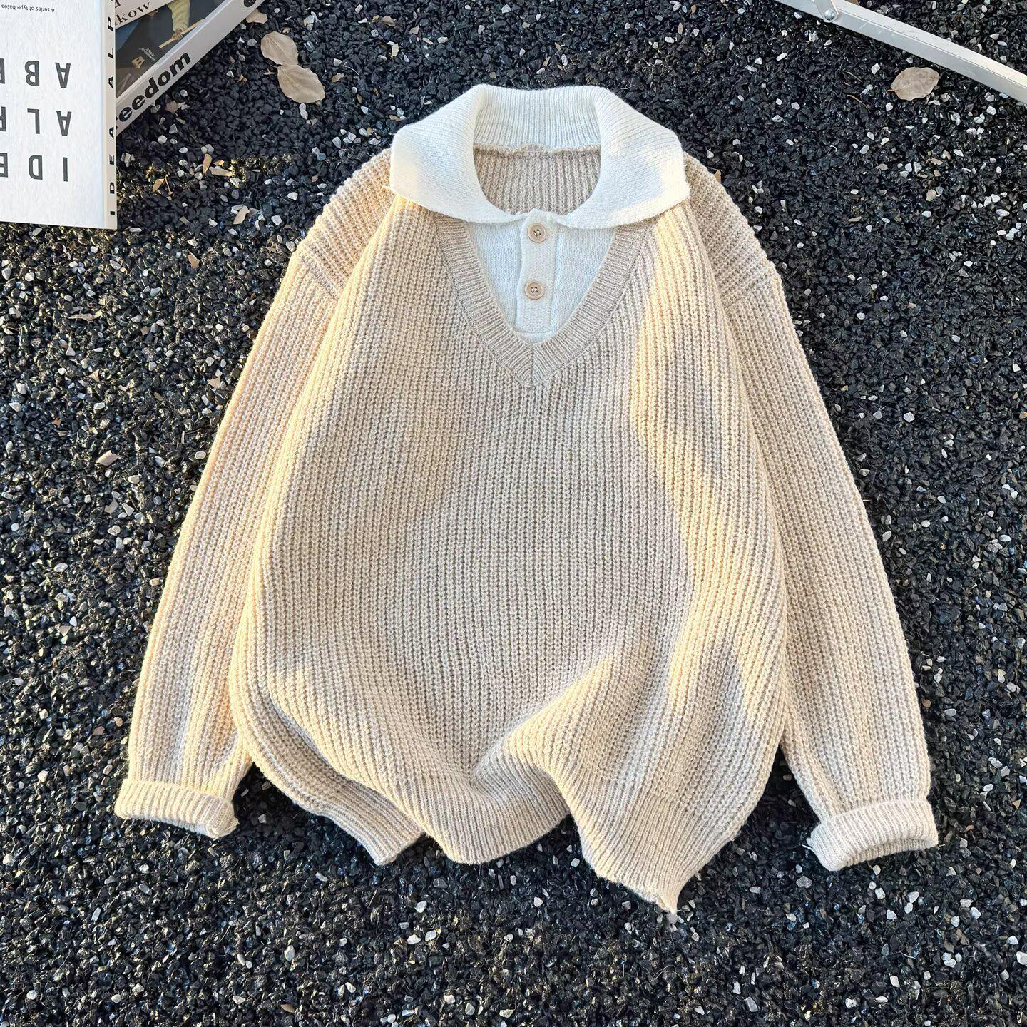 Men s V-Neck Two-Piece Sweater, Autumn-Winter, Relaxed Fit Polo Knit Medium