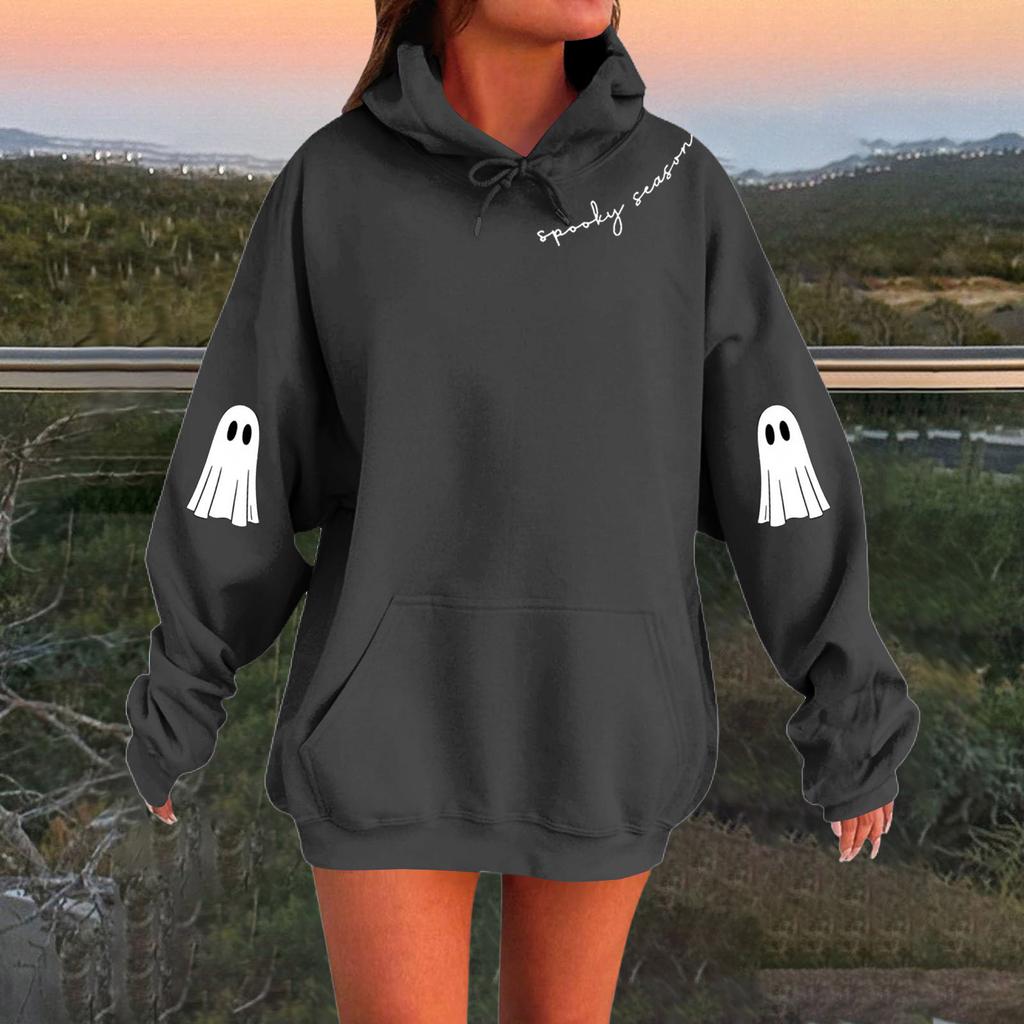 Women's Solid Color Long Sleeve Casual Halloween Print Pullover Hooded Sweatshirt