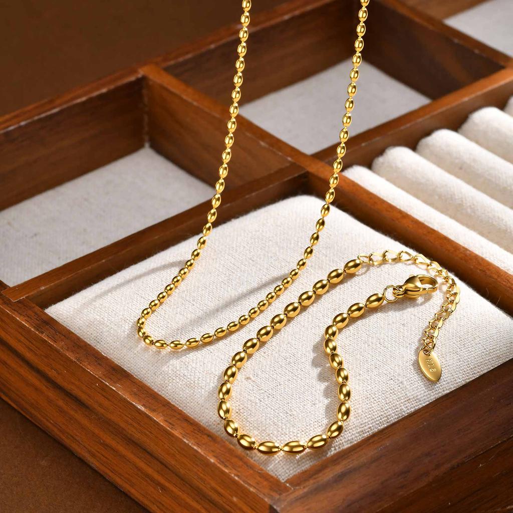 Vnox 18K Gold Plated Luxury Classic Oval Beads Chain Necklace Bracelet Set, Trendy Stainless Steel Jewelry for Women Girl Gifts