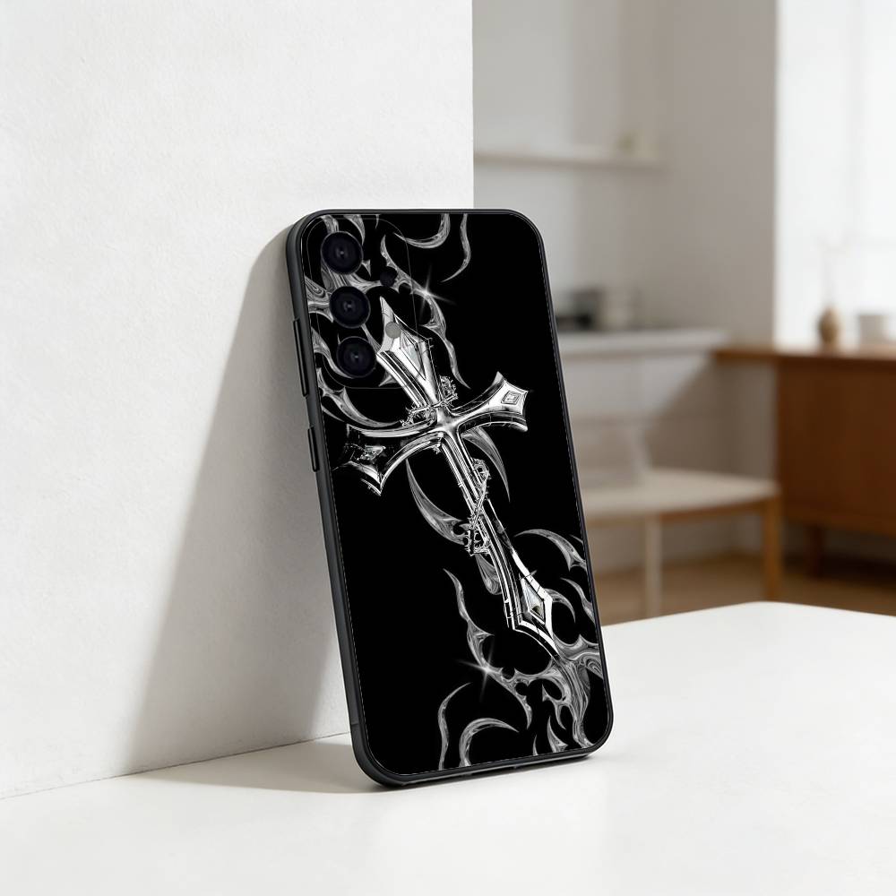 C-Cool Dark Gothic Cross Mark Phone Case For Samsung S25,S24,S21,S22,S23,S30,Ultra,S20,Plus,Fe,Lite Black Shell