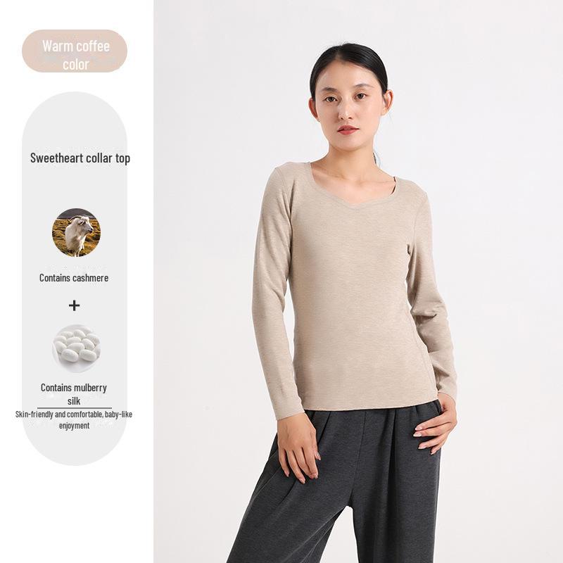 Peach Heart Collar Cashmere Silk Thermal Underwear Set – Women's High Waist Autumn/Winter Clothes and Pants
