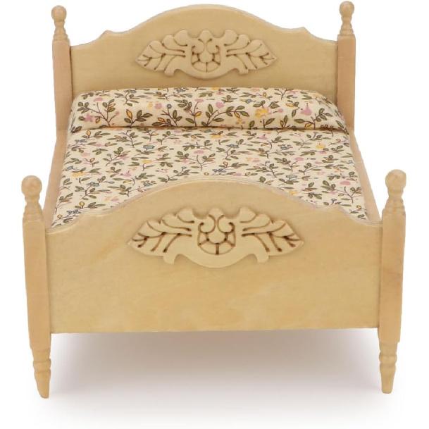 Miniature Furniture Dollhouse Wooden Fabric Bed with Mattress & Pillow 1 12 Scale Furniture Dollhouse Decoration Accessories (Wood)
