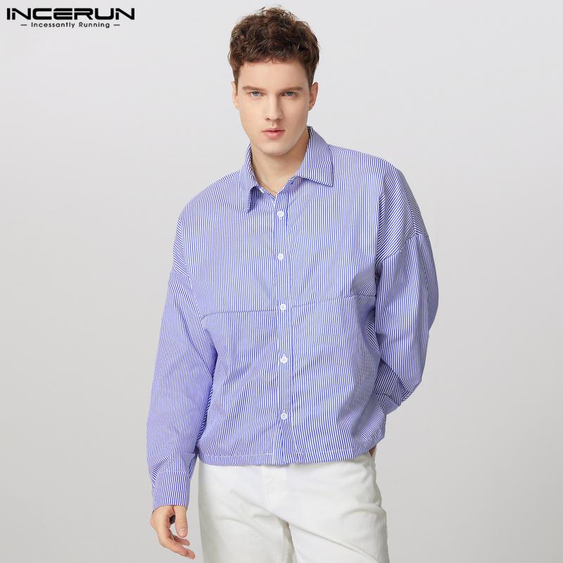 INCERUN Men Lapel Neck Long Sleeve Striped Casual Buttons Up Shirts