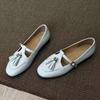 Cowhide Version~ Retro Tassel One-word Buckle Low-heeled Mary Jane Small Leather Shoes Women's Shallow Mouth Shoes Round Head Flat-soled Single Shoes