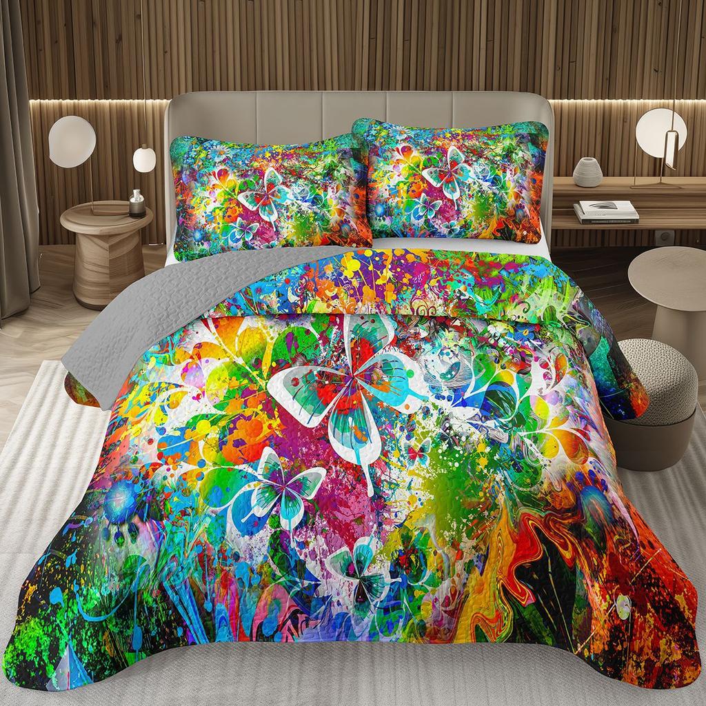 Butterfly Bedspread Twin/Queen/King Watercolor Botanical Floral Coverlet Fantasy Style Bedding Set Reversible Quilted Bedspreads