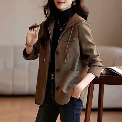 Korean Winter Fashion Slim Fit Hooded Faux Two Piece Wool Coat Women Casual Elegant Style