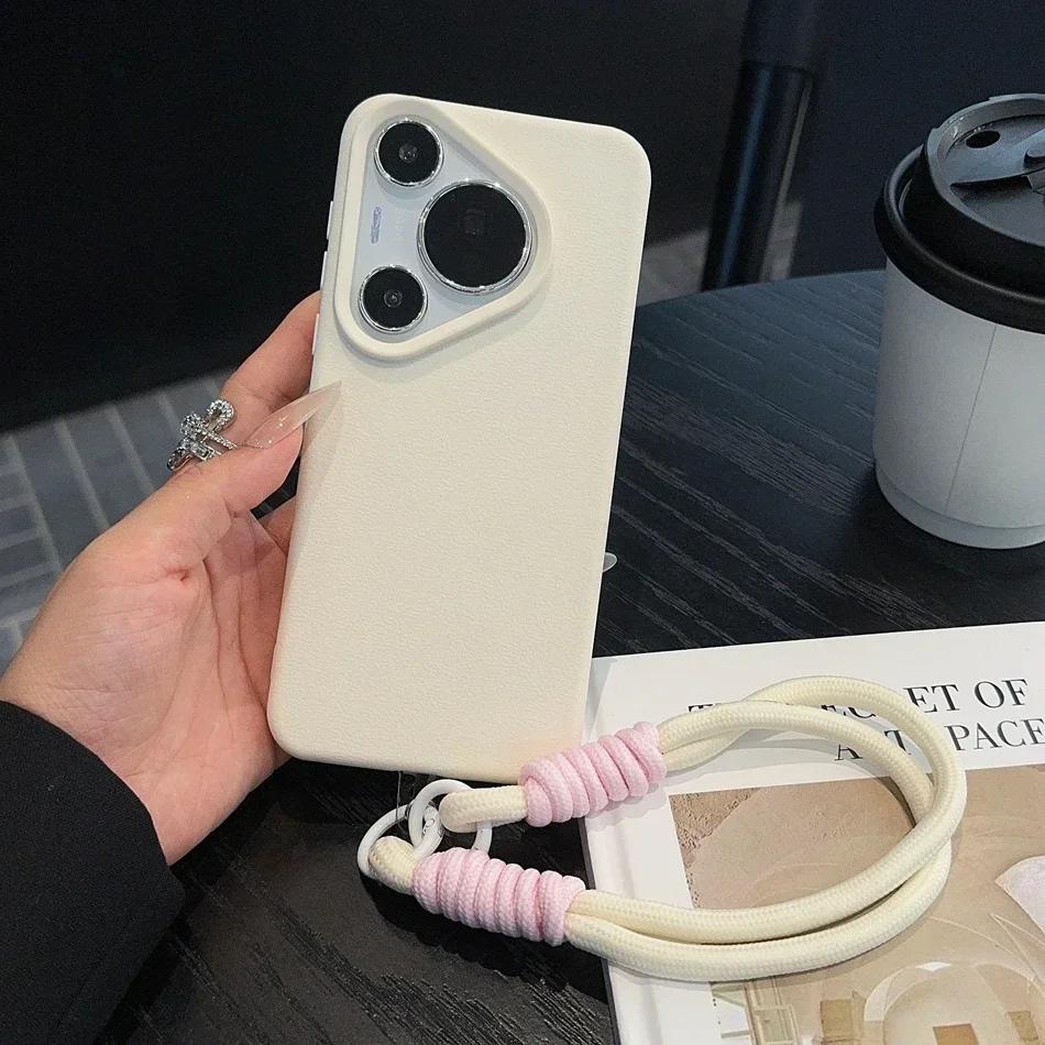 Litchi Pattern Leather Wrist Strap Case for Huawei P70 Pura 70 Ultra P60 P50 Pro Mate 40 50 60 Pro Plus Soft Lanyard Cases Cover