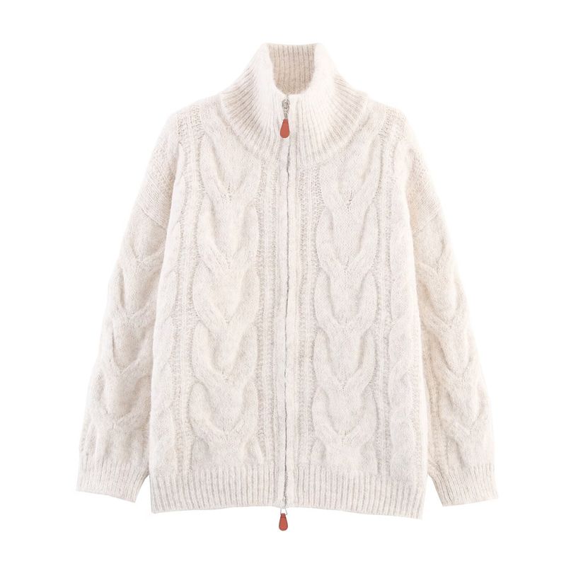 Kaslead New Women clothes Western Style Turtleneck Twist Double Start Zip-up Knit cardigan Sweater