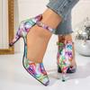 2024 New Women's Shoes Glossy Printed Pointed Toe High Heels Sandals Women's Party Baotou Sexy Patent Leather Stilettos