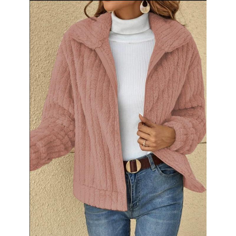 HNXC Women's Fashionable Solid Color Warm Striped Versatile Plush Cardigan Long-sleeved Short Coat for Women
