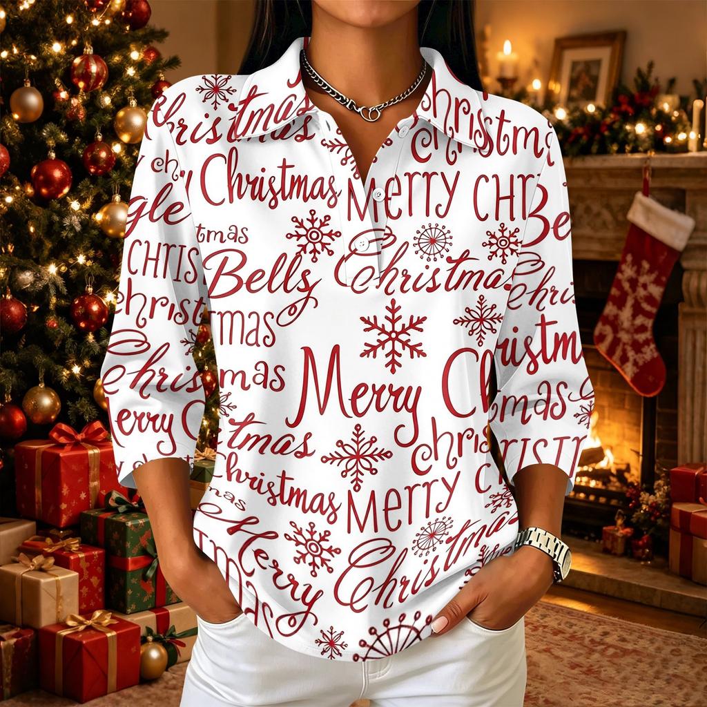 Women's Casual Christmas Print 3/4 Sleeve Button Down Collared Shirt