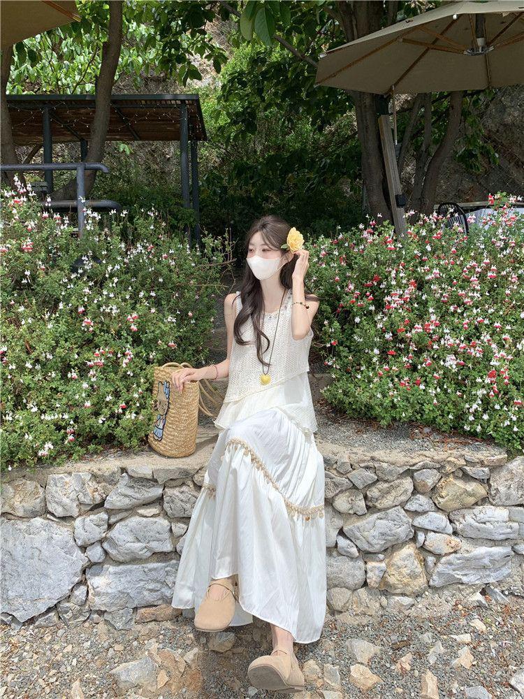 2025 Summer Ethnic Chinese Retro Hollow Camisole Dress Set - Sleeveless, High Waist, Two-Piece
