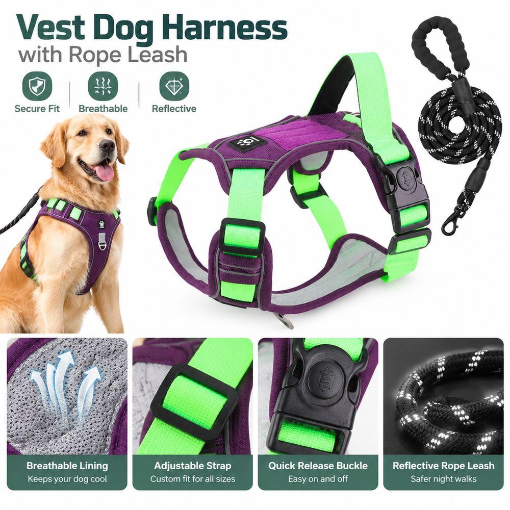 Adjustable Strap Tactica Vest Breathable Lining Dog Harness and Leash Set for Medium Large Dogs