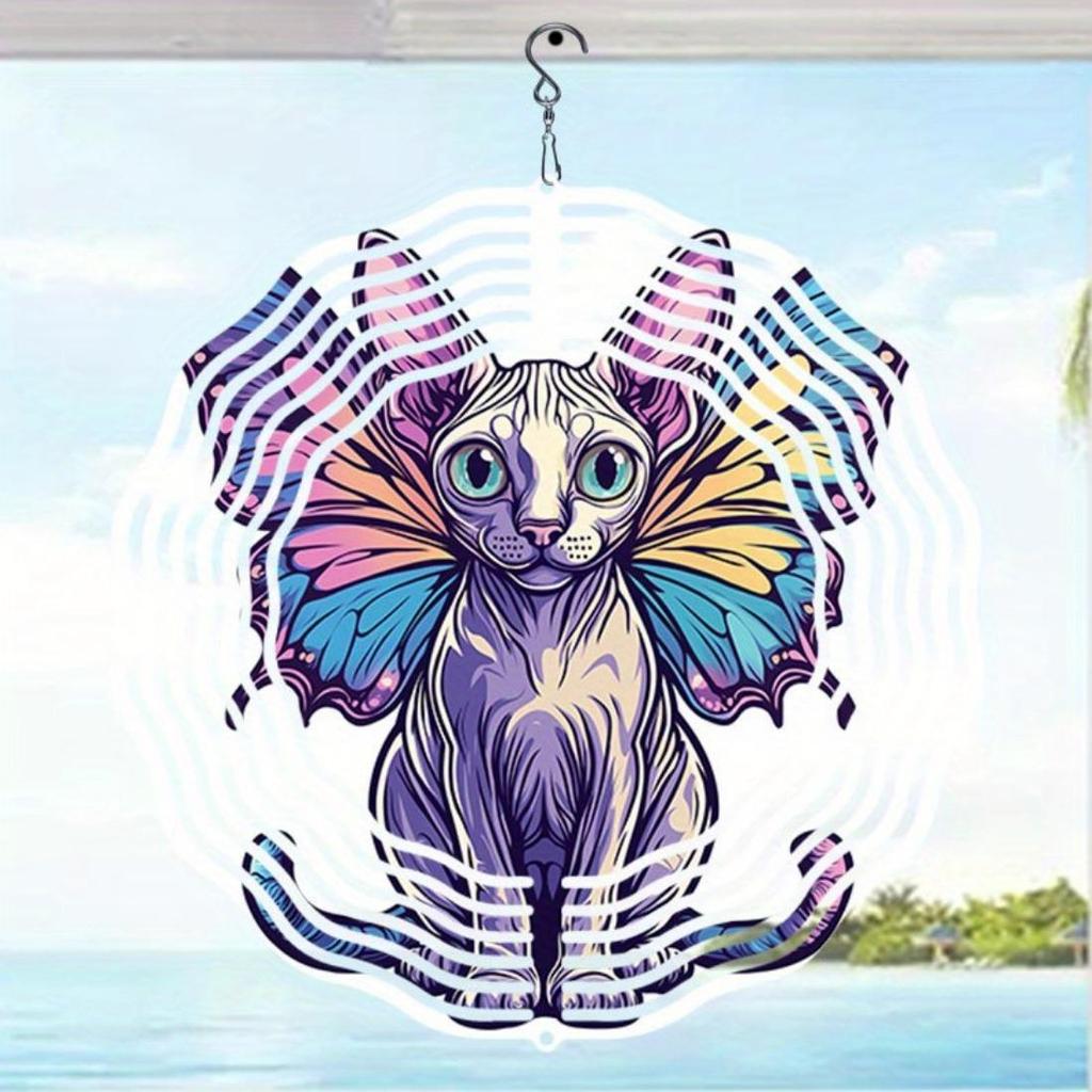 1pc Mandala Style 2D Rotating Wind Chime with Unique Butterfly Wing Kitten Design - Vibrant Metal Art Decor, No Power Needed