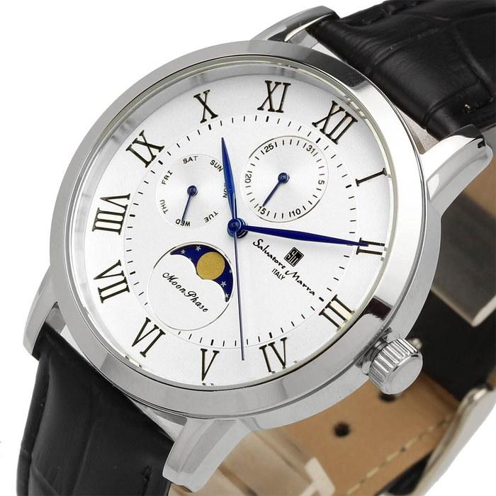 [Salvatore Marra] Watch Moon Phase Multi-Calendar 50m Waterproof Business Formal Men's Leather Strap Limited Edition Silver White