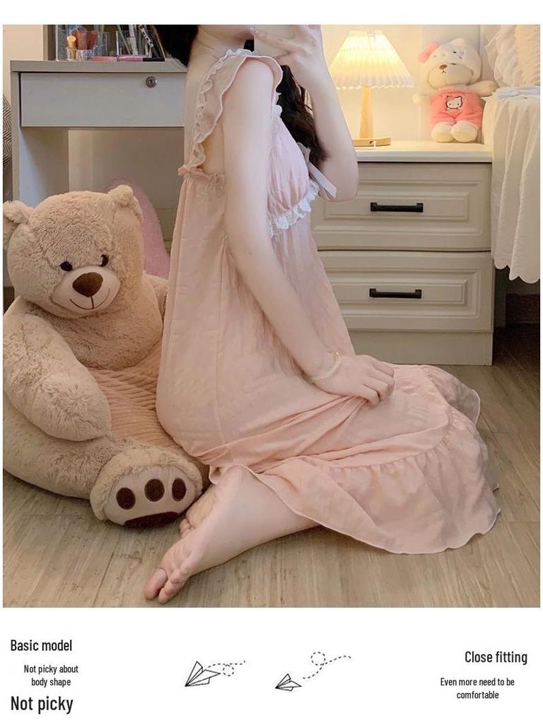 Cămașă de noapte dulce de prințesă, Pijamale de vară din bumbac moale ca un nor pentru femei cu cupe pentru bust