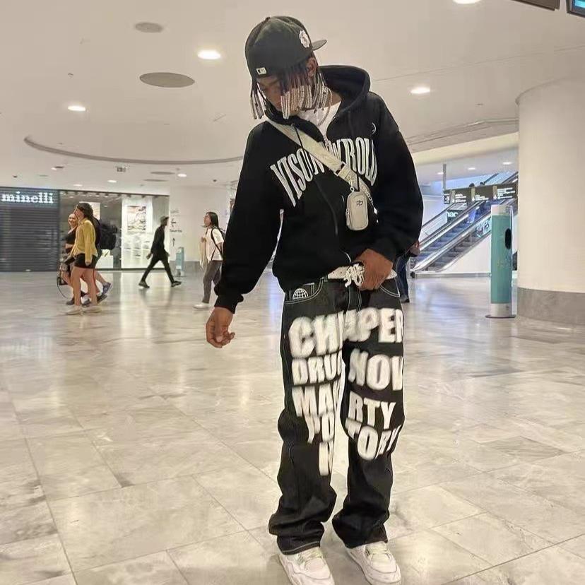 RogueWave Y2k Jeans Hip Hop Buchstabenaufdruck Schwarze Hose Herren Damen Neuer Trend Mode Punk Locker Gerade Weites Bein Hose Streetwear