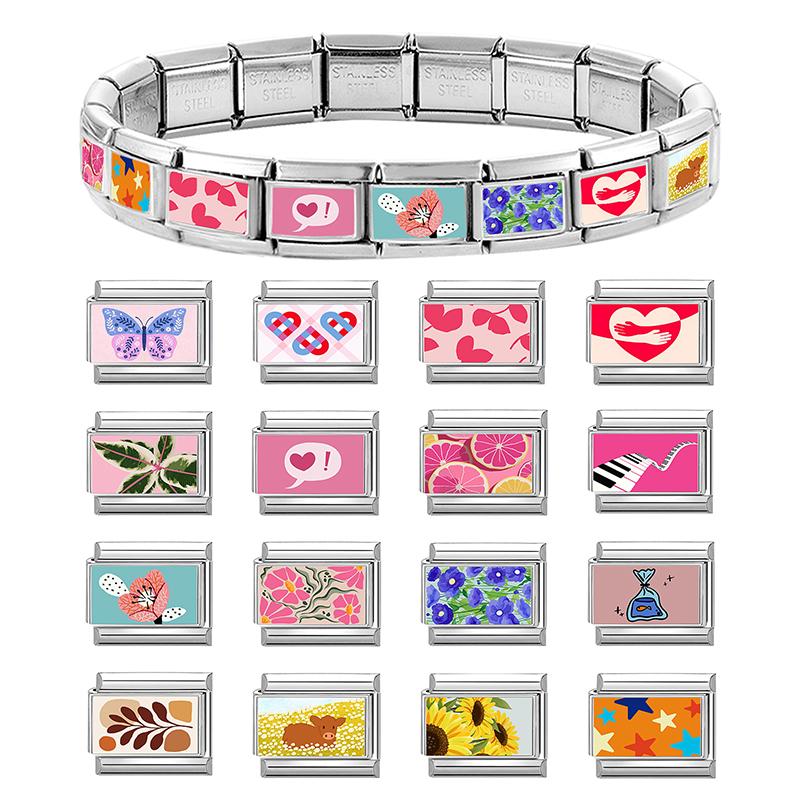 Y2K Pink Sunset Heart Butterfly Piano Star Flowers Italian Charm Links Fit 9mm Stainless Steel Women DIY Making Bracelet Jewelry