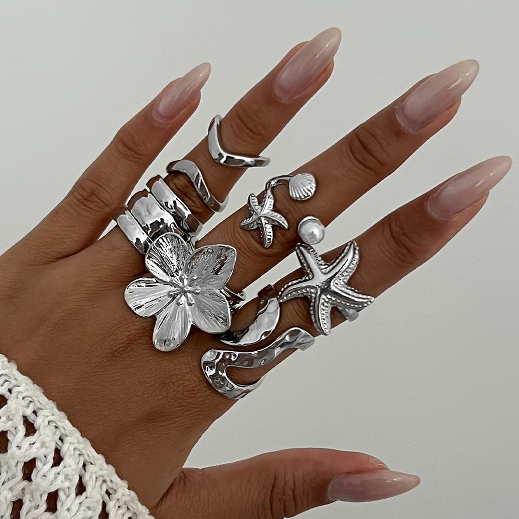 Ocean Wind Starfish Scallop Shell Ring Set Design Sense Irregular Metal Sun Flower Ring
