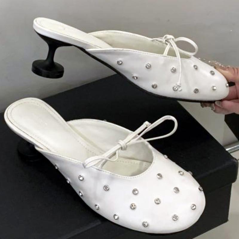 Luxury Rhinestone Bow High Heel Shoes for Woman Round Toe Thin Heel Designer Slide Sandals Fashion Shallow Comfort Women Sandals