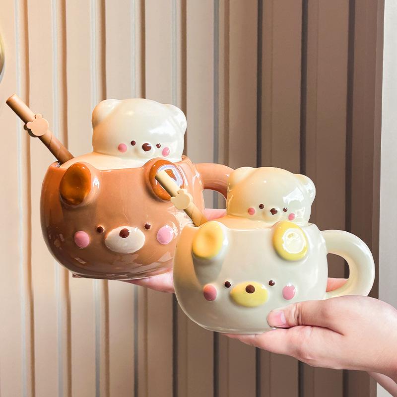 Cream Bear Cup Girls High-value Ceramic Mug with Lid Household Drinking Cup Birthday Gift Souvenir