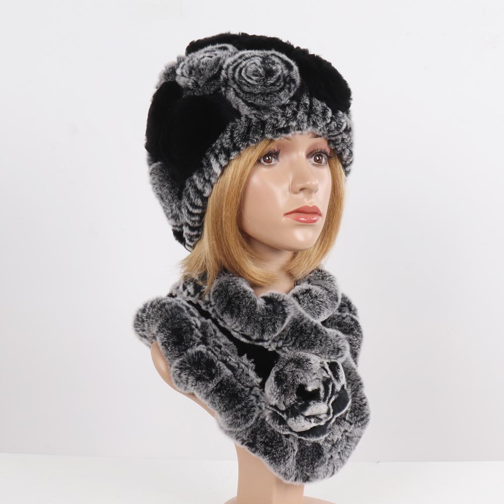 Нові Жіночі Зимові Хутряні Шапки Шарфи Набори Натуральні Теплі Справжні Шапки з Хутра Кролика Рекс Шарфи Леді В'язані Шапки з Натурального Хутра Шарф