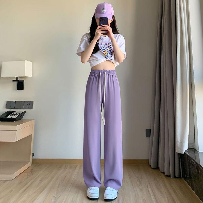 Women's High Waist Wide Leg Pants Straight Suit Trousers Fresh Sweet Style Thin Ice Silk Draping Micro Elastic Long Pants