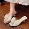Transparent Crystal and Bow Women's Outer Wear 2025 Summer New Sexy Fairy Style High-heeled Transparent Cool Slippers