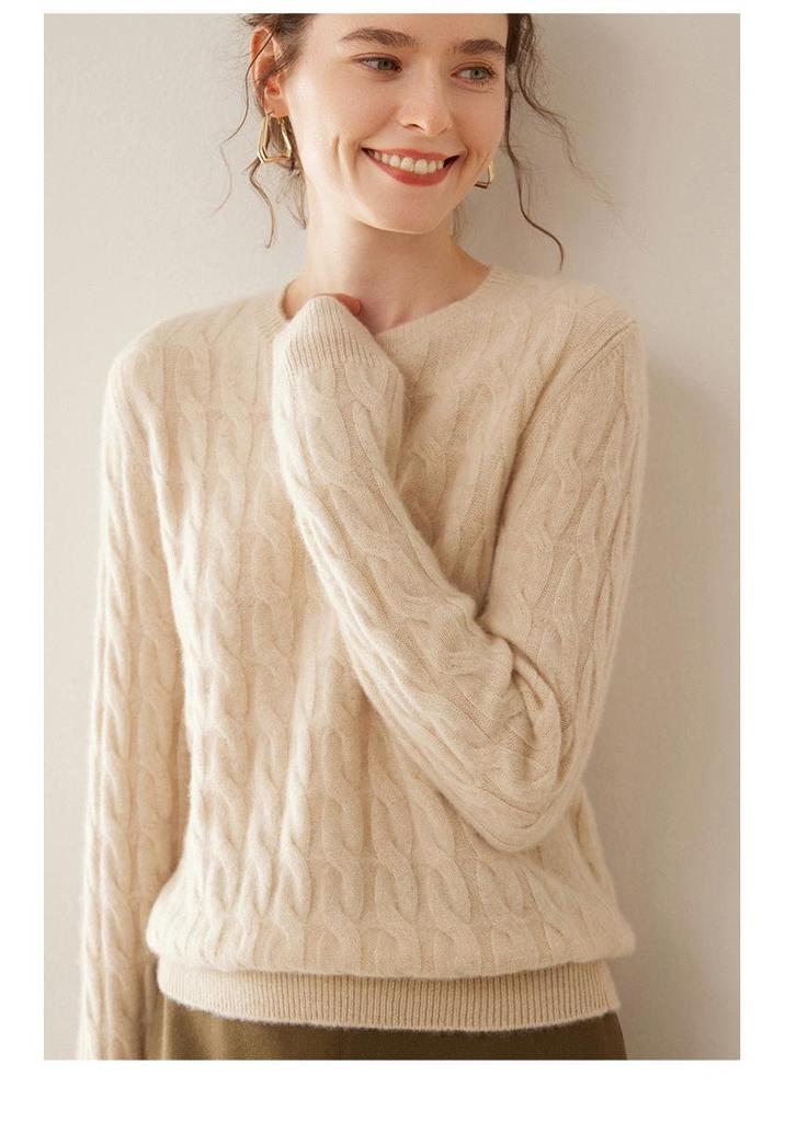 Women's Retro Cable Knit Cashmere Pullover - Soft, Skin-Friendly, Long-Sleeved, Round Neck Base Layer.