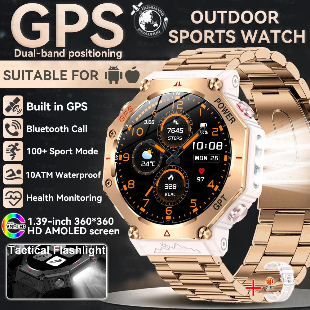 New Bulit-in GPS Outdoor Smart Watch Men Flashlight compass BT call Heart rate 10ATM Waterproof  Sports Smart watch