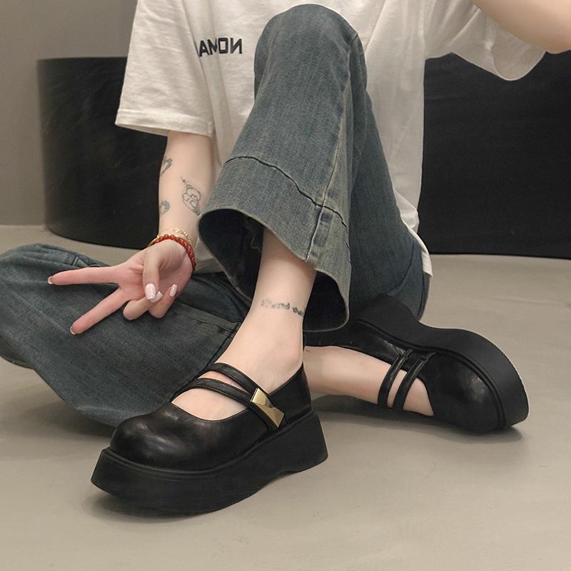 Buckle strap platform Mary Jane shoes women's medium heel Korean version one-word new 2025 spring and autumn British style small leather shoes women