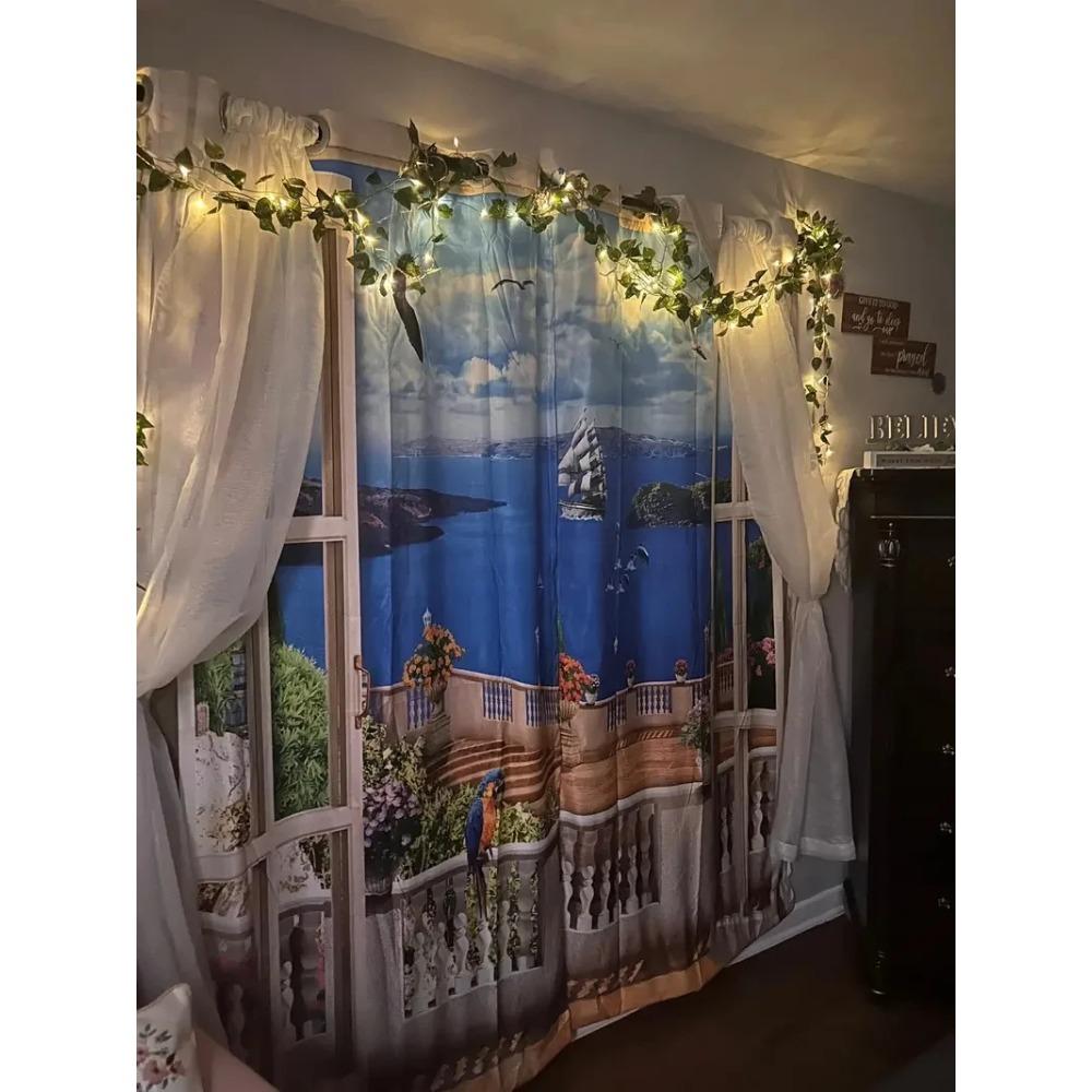 2 Stück Meer Balkon Architektonische Landschaft Halbverdunkelnd Druck Vorhang Für Wohnzimmer Schlafzimmer Badezimmer Heimdekoration Ösenaufhängung