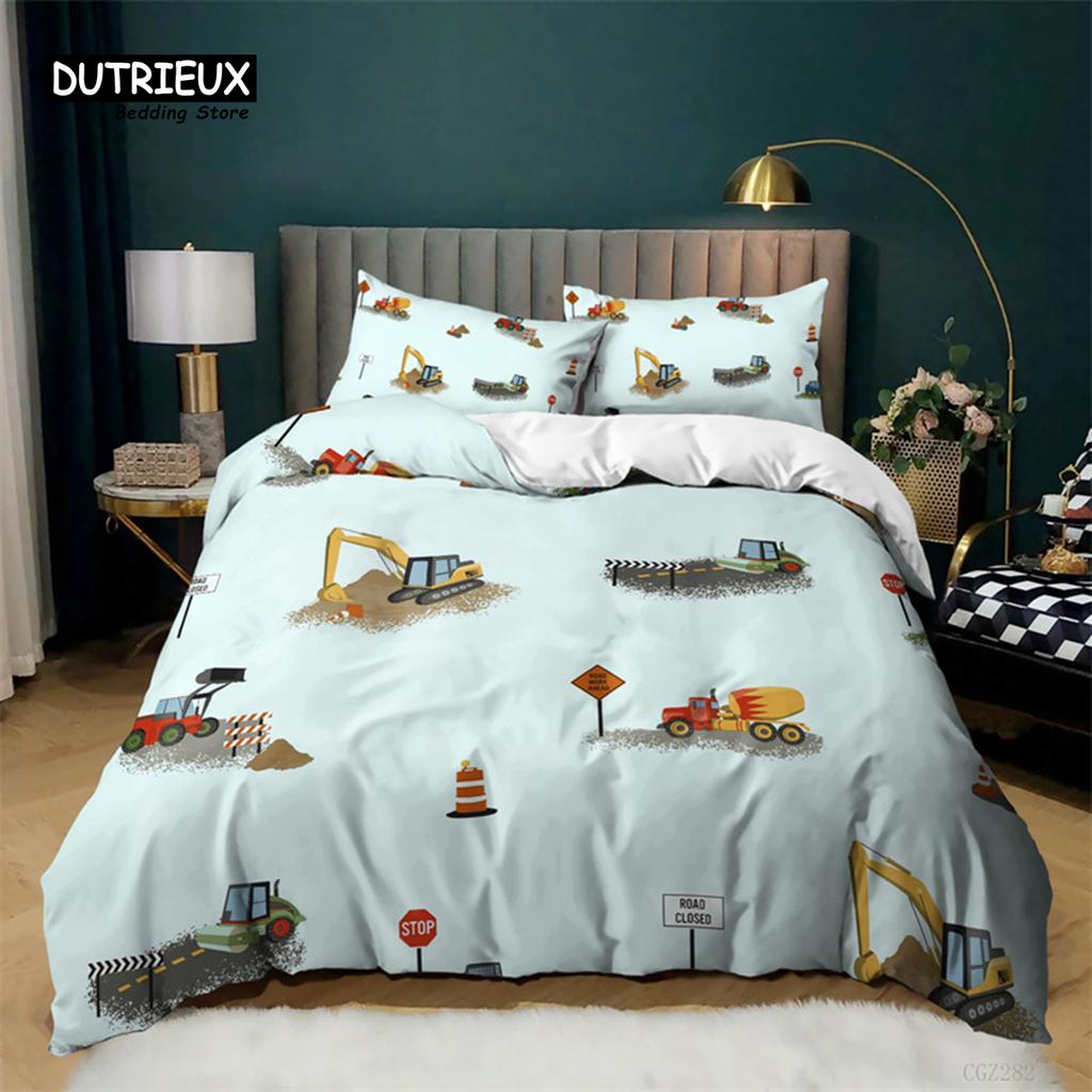 Boys Cartoon Car Duvet Cover Twin King Kids Construction Vehicles Bedding Set Microfiber Cartoon Machinery Truck Comforter Cover