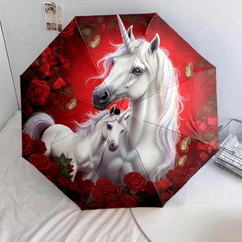 1 PC Automatic Folding Umbrella - Red Rose Horse Pattern, Portable & Foldable Design with 8 Ribs, Christmas Birthday Gifts