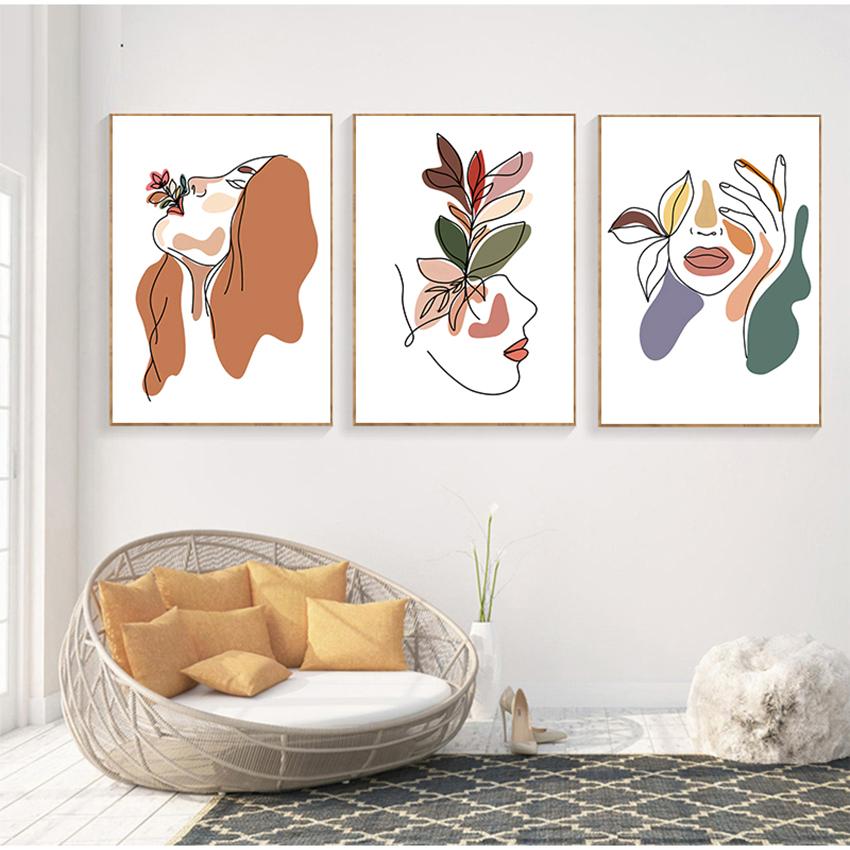 Wandbilder für Wohnzimmer, Salon, Heimdekoration, Wandkunst, Leinwand, Malerei, Blumenmädchen, abstraktes Gesicht, nordische Poster und Drucke